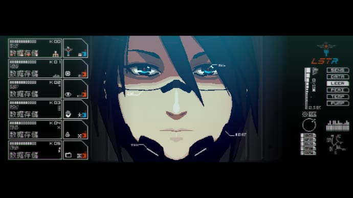 2022 best games Signalis - close up of a woman's face with sci-fi UI readings either side, like a heads-up display