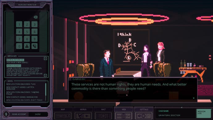Chinatown Detective Agency review screenshots depicting the game's left-aligned UI overlay, central window pane of pixel-art, cyber-noir vistas, and snapshots of detective dialogue.