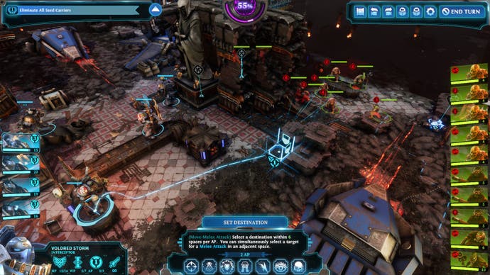 40K Chaos Gate Daemonhunters review - gameplay, with squad to the left inside a kind of large ruined chapel, and 10 enemies cowering behind mixed cover to the right.