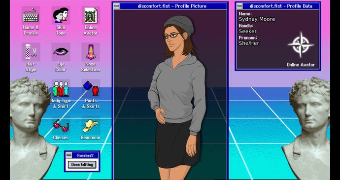 Arcade Spirits: The New Challengers character creator showing 90s windows aesthetic