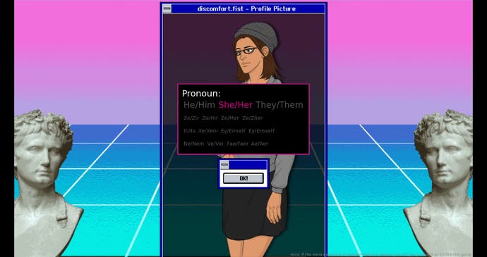 Arcade Spirits: The New Challengers character creator showing multiple pronoun options