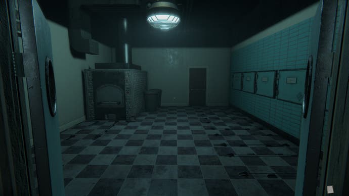 A darkened morgue room, with a cremation oven on the left, a chequered black and white floor, pale and weak white light, and cold storage vaults on the right.