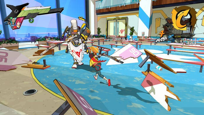 Chai battles a samurai robot chef in Hi-Fi Rush.