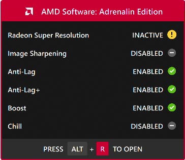 AMD Software screenshot showing anti-lag, boost, chill and RSR status