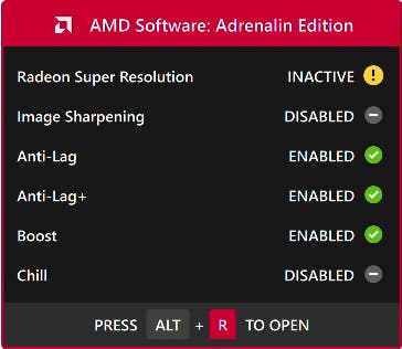 Captura de pantalla del software AMD que muestra el estado de anti-lag, boost, chill y RSR