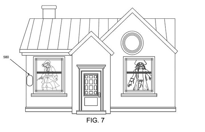 Patent art showing the front of a cozy modern home. There are two large windows in the front of the home, each with a different menacing pirate looking out of them toward the viewer.