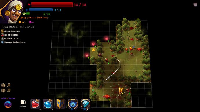 A tiled, wild, play space with a hero's portrait at the top left of the screen and some icons on a hotbar at the bottom - abilities.
