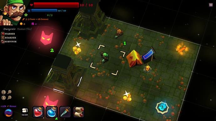 A tiled, wild, play space with a hero's portrait at the top left of the screen and some icons on a hotbar at the bottom - abilities.