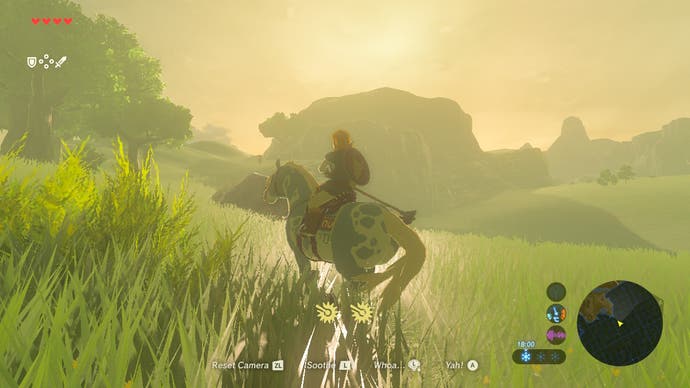 《塞尔达传说:旷野之息》的截图，林克骑着一匹马，顶着从山上照过来的阳光