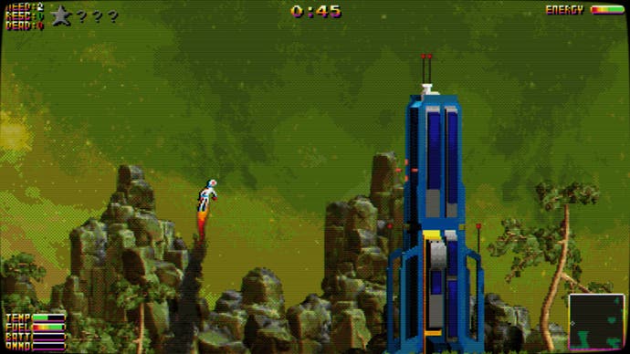 A screenshot of Moons of Darsalon, a 2D platform game about rescuing lost astronauts, showing the player flying on a jetpack