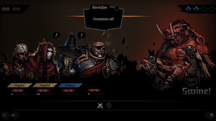 A screenshot of Red Hook's Darkest Dungeon 2, showing the beginning of an encounter with the pigmen.