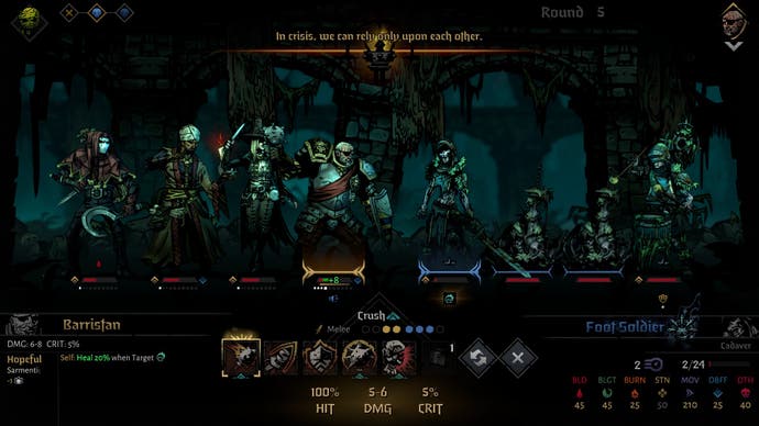 A screenshot of Red Hook's Darkest Dungeon 2, showing a battle with fishpeople on the coast.