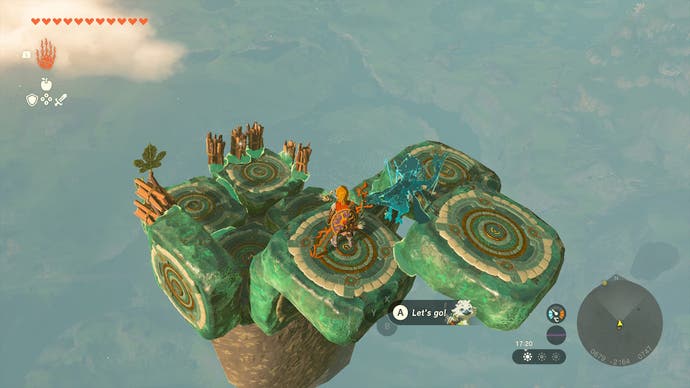 Link blickt in The Legend of Zelda: Tears of the Kingdom auf sein sehr gefährliches Hausboot herab.
