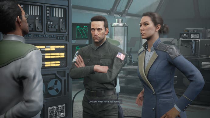 A cutscene from Tindalos Interactive’s movie adaptation Aliens: Dark Descent, showing dual  protagonists Maeko Hayes and Jonas Harper in conversation with a scientist aboard the crashed spaceship Otago.