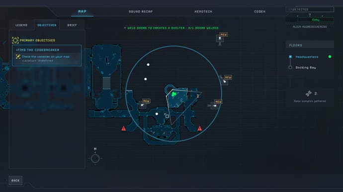 A map screen from Tindalos Interactive’s Aliens: Dark Descent, showing CCTV cameras, Alien spawn points and mission objectives grouped around the green dots indicating the player’s squad.