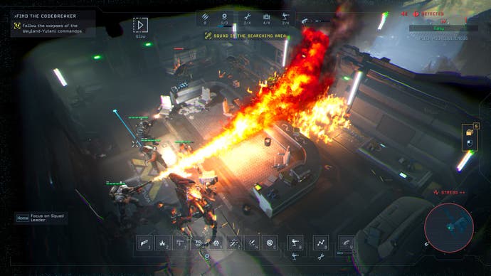 A fierce battle in Tindalos Interactive’s licensed real-time tactics game Aliens: Dark Descent, showing a marine squad holding off rampaging Aliens with a curtain of fire and automated turrets.