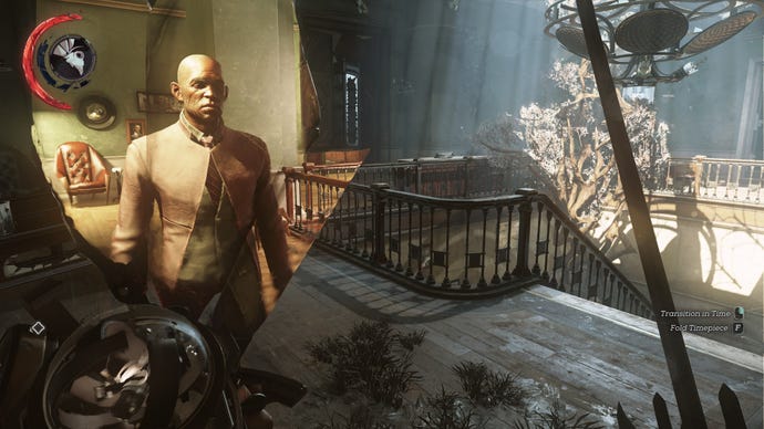 A stately home interior, showing a guard in shards of glass from another timeline in Dishonored 2