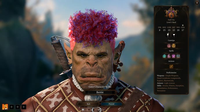 The end of character creation in Baldur's Gate 3. Created here: a purple and pink-haired half-orc bard. Called Bertie.