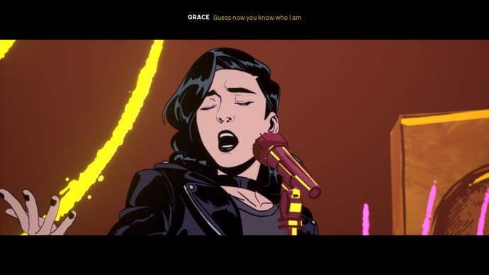 Grace sings at the microphone in Stray Gods
