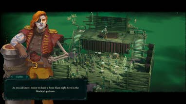 A female pirate leads a poetry jam inside a pirate ship  in Shadow Gambit: The Cursed Crew