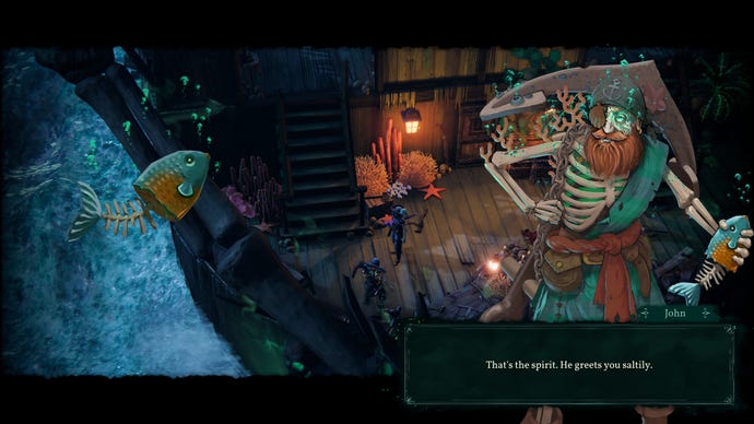 A bearded sailor talks to his fish companion in Shadow Gambit: The Cursed Crew