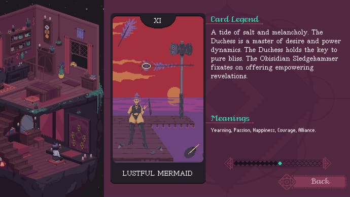 The Cosmic Wheel Sisterhood review screenshot, showing a divination card called Lustful Mermaid