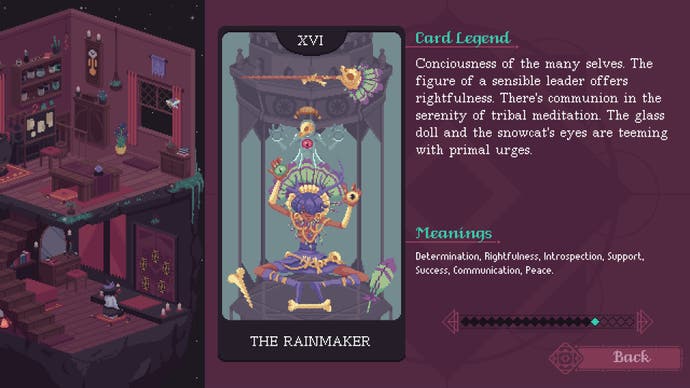 The Cosmic Wheel Sisterhood review screenshot, showing a divination card called The Rainmaker
