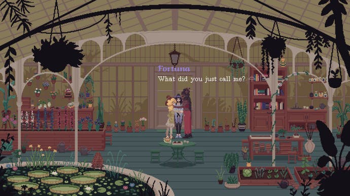 The Cosmic Wheel Sisterhood review screenshot, showing three witch friends gathering in a greenhouse