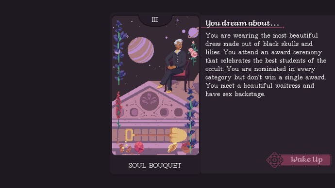 The Cosmic Wheel Sisterhood review screenshot, showing a divination called the Soul Bouquet and its influence on the protagonist's dreams