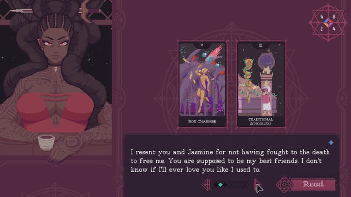 The Cosmic Wheel Sisterhood review screenshot, showing the protagonist's card reading interface and a short description of one card interpretation option
