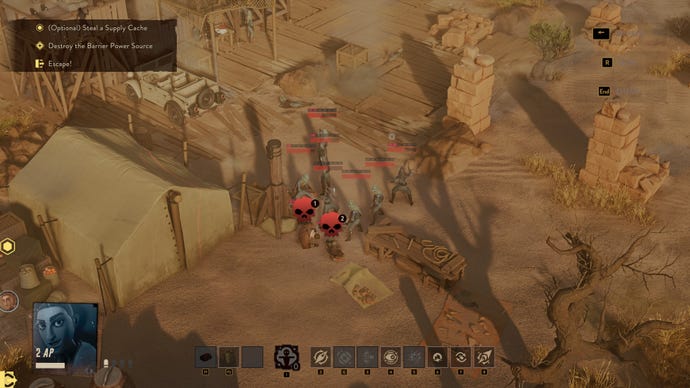 Several enemies surround two downed agents in a desert in The Lamplighters League