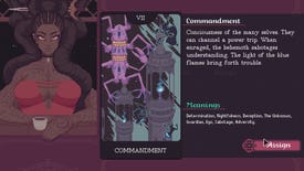 A player-created card in The Cosmic Wheel Sisterhood, showing a monstrous multi-limbed being climbing on stone towers filled with blue flame.