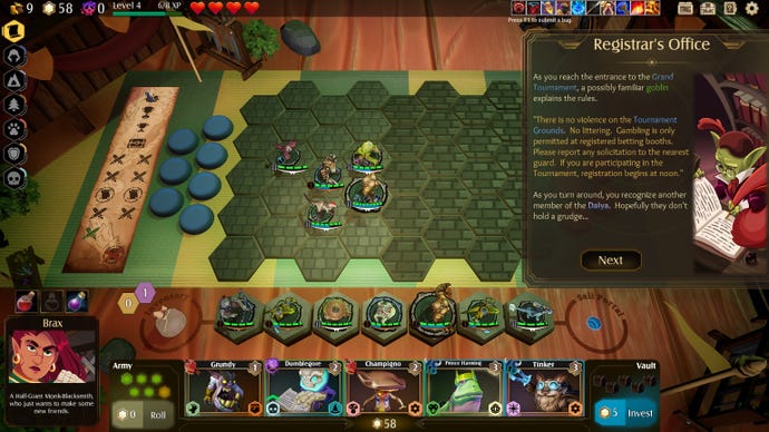 A grid board of monsters, with text about a registrar's office in Tales & Tactics