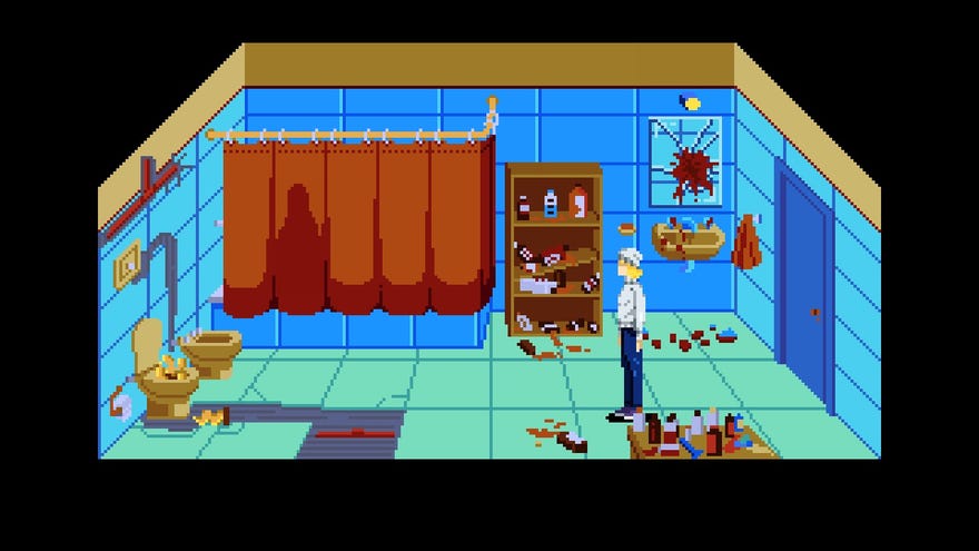 A scene from 8-bit horror game Tenebris Somnia, showing the player character standing in a trashed bathroom with a shadow behind the shower curtain.