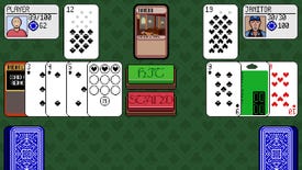 A screenshot of Dungeons & Degenerate Gamblers, a satirical roguelite cardgame that plays around with the rules of blackjack.