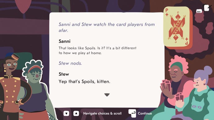 Ein Dialogbildschirm aus Saltsea Chronicles mit zwei Charakteren, die gerade eine Runde Karten spielen.