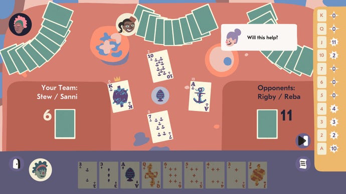 Ein Bild einer Runde Kartenspiel-Spoils in Saltsea Chronicles, mit dem Spruch eines Spielers 