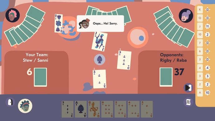 Ein Bild einer Runde Kartenspiel-Spoils in Saltsea Chronicles, mit dem Spruch eines Spielers 