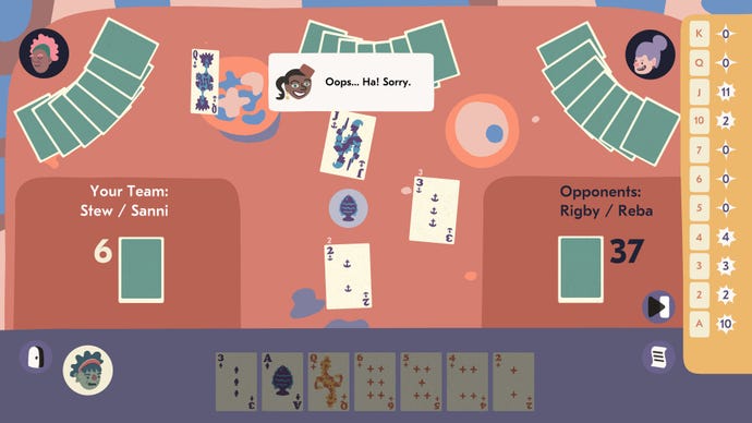 An image of a round of cardgame Spoils in Saltsea Chronicles, with one player saying