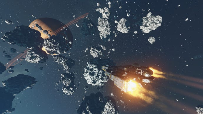 The Razorleaf ship flies through an asteroid field in Starfield.