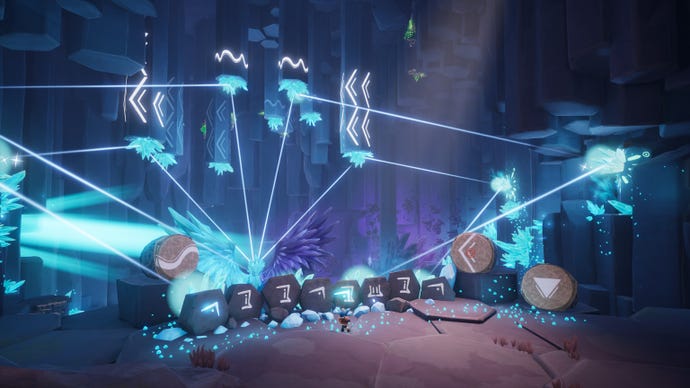 A boy plays a flute to align pillars of light in Song Of Nunu: A League Of Legends Story