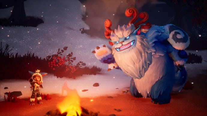 A boy plays his flute while his yeti friends dances round a camp fire  in Song Of Nunu: A League Of Legends Story