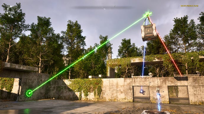Several lasers beam down from a light refractor floating in the air in The Talos Principle 2
