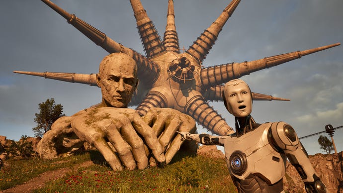 A robot points at a large sculpture of a human and a big spiky ball in The Talos Principle 2