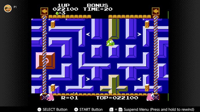 A level in the maze game Devil World with the hero navigating a top-down maze. There are floating bibles for them to collect.