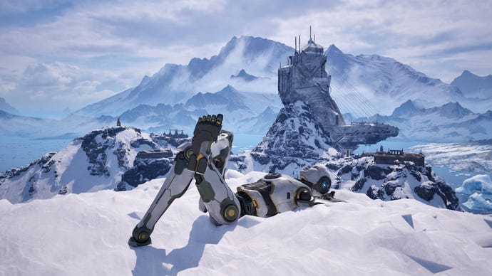 A robot lies back in the snow in front of a huge mountain in The Talos Principle 2
