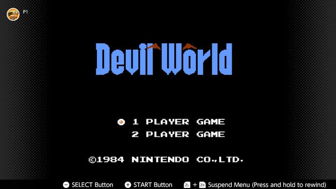 The start screen for Devil World, with the game's name and one- or two-player options.