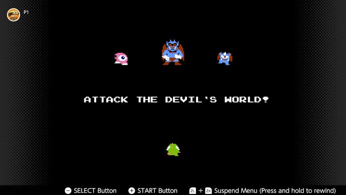 The beginning of a game of Devil World, with three baddies arranged above text that reads "Attack the Devil's World!" The hero is at the bottom.
