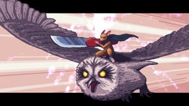 A mouse rides an owl while bearing a large knife in Small Saga