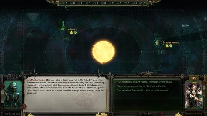 A solar system map in Warhammer 40,000: Rogue Trader, with some dialogue playing out along the bottom.
